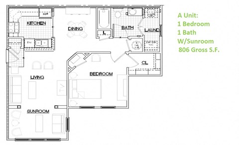 Floor plan for 1 bed, 1 bath, 750 sqft